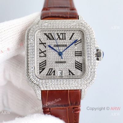 Swiss Quality Replica Cartier Santos 100 Watches Diamond Pave Brown Leather Strap